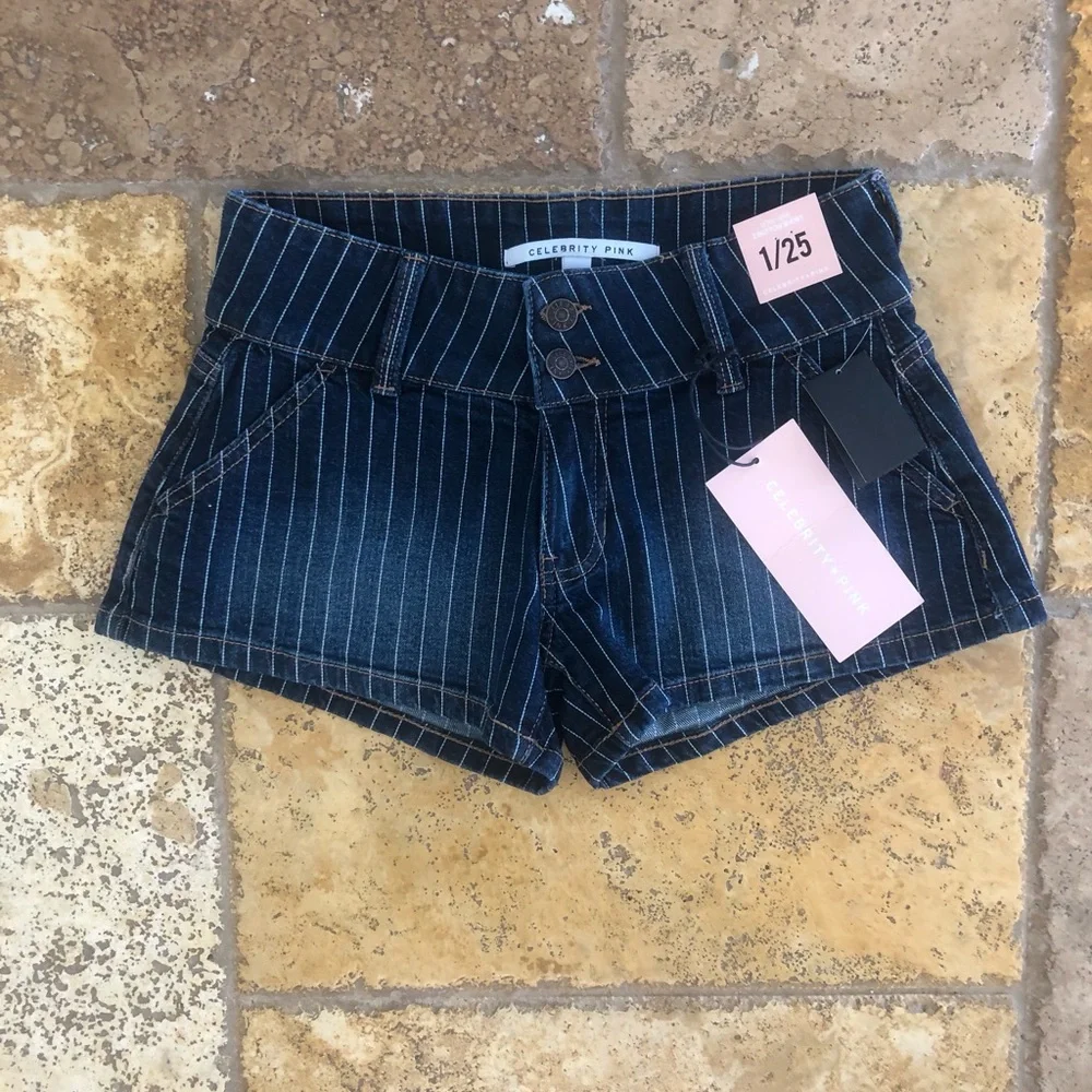 CELEBRITY PINK - NWT DARK BLUE PINSTRIPE DENIM SHORTS + WOMENS SIZE 1/25